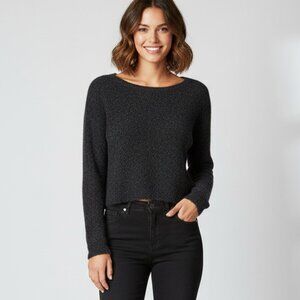BCBG Women's Ida Sweater Cropped Wool Blend Pullover Fuzzy Black Size Small